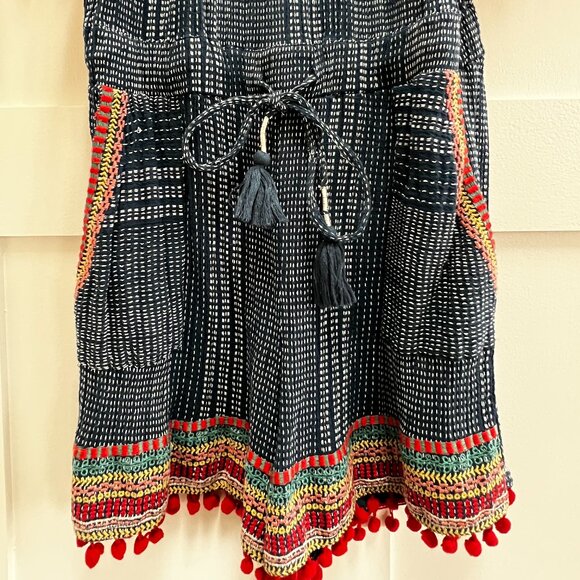 THML Anthropologie Blue Pom Pom Romper W/Embroidery & Pockets size: xs - Picture 6 of 8